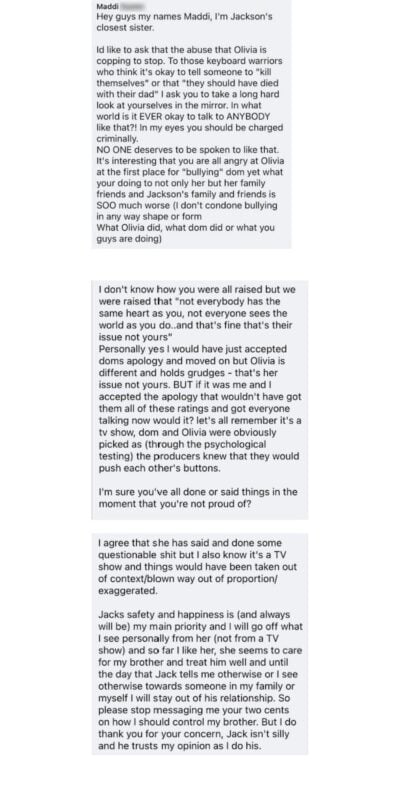 FB posts by Jackson Leonie's sister asking MAFS fans to leave Olivia alone