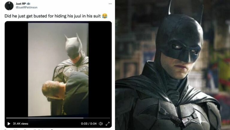 A clip shows The Batman costume with a Juul in the utility belt