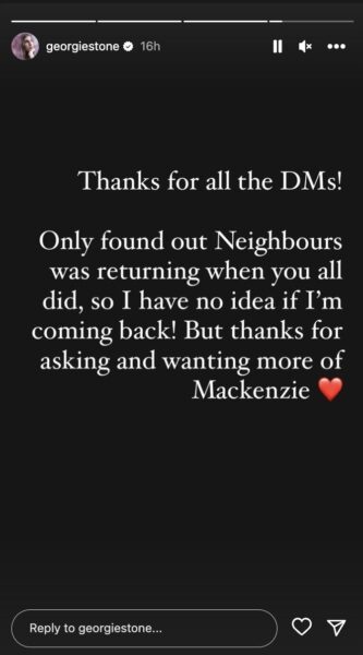 Georgie addresses the Neighbours return