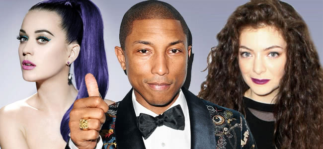 Katy Perry with purple hair, pharell williams in tux with thumbs up. Lorde in black top smiling at camera