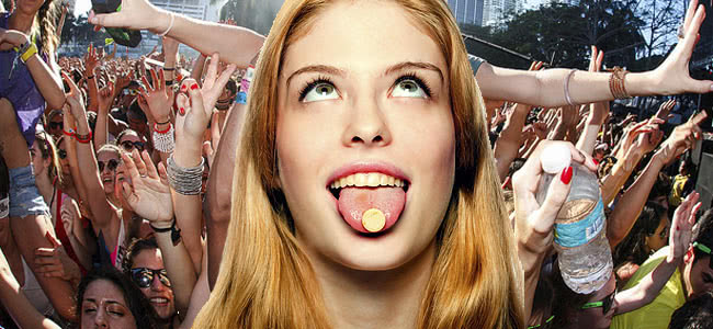 Crowd with their hands in the air, insert of girl in the middle of the picture with a lollie on her tongue