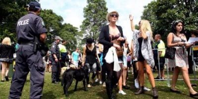 Woman walking into a festival, police office with his sniffer dog