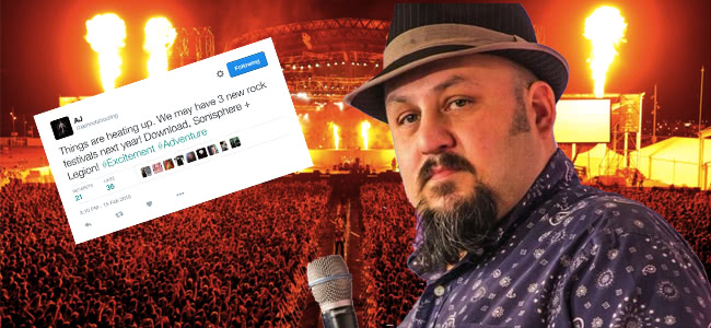 Crowed standing in front of stage insert of man wearing a hat holding a microphone and insert of a twitter post