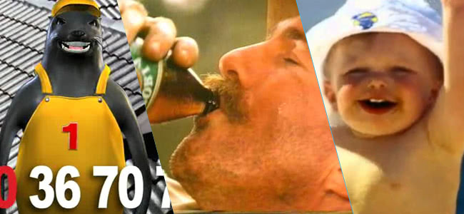 Cartoon seal wearing orange overalls, close up side view of man drinking beer, close up of baby wearing a white hat