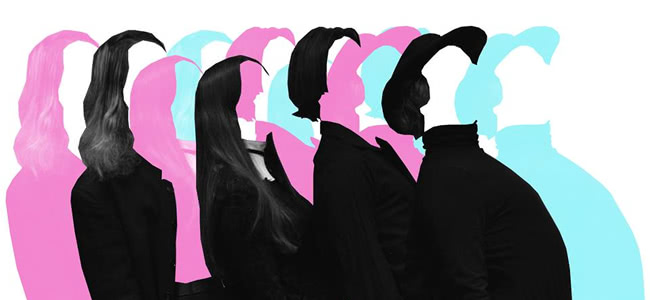 Blue, Pink and Black images of band Confidence Man with no faces