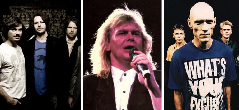 Aussie bands powder finger standing together looking at the camera. John Farnham sining into a microphone. Midnight Oil standing together looking at the camera