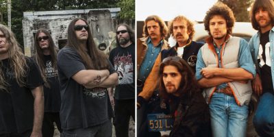2 panel image of death metal band Cannibal Corpse and classic rockers Eagles