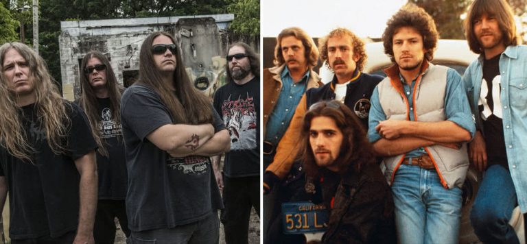 2 panel image of death metal band Cannibal Corpse and classic rockers Eagles