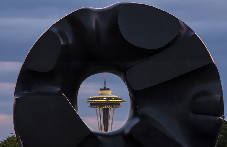 Seattle's landmark Space Needle poking through hole of object in front of camera