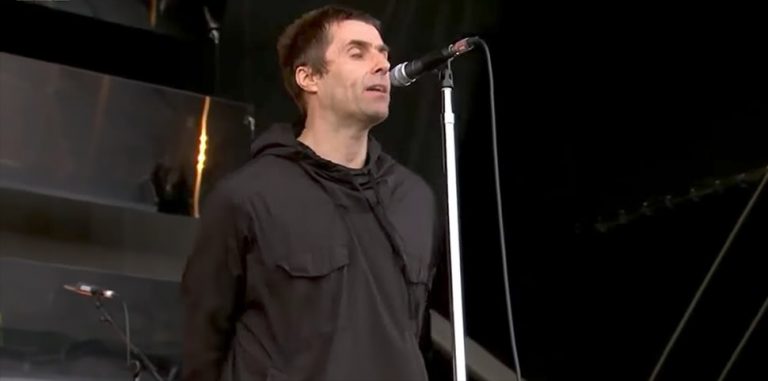 Oasis' Liam Gallagher performing onstage at Glastonbury 2017