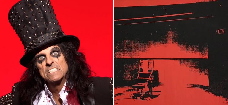 2 panel image of Alice Cooper and Andy Warhol's 'Little Electric Chair'