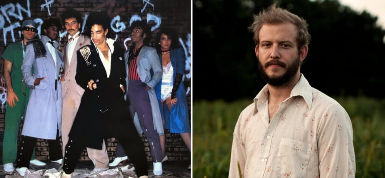 2 panel image of Prince & The Revolution and Justin Vernon of Bon Iver