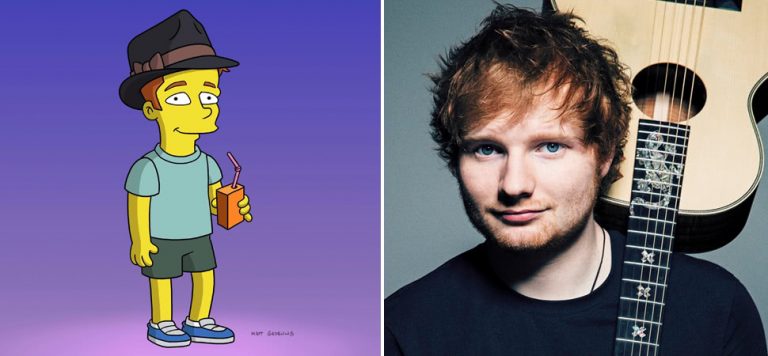 2 panel image of Ed Sheeran's upcoming 'The Simpsons' character, and the singer himself