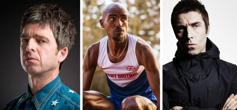 3 panel image of Noel Gallagher, Mo Farah, and Liam Gallgher
