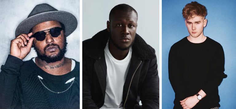 3 panel image featuring ScHoolboy Q, Stormzy, and Mura Masa
