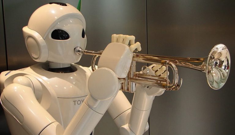 A robot playing a trumpet