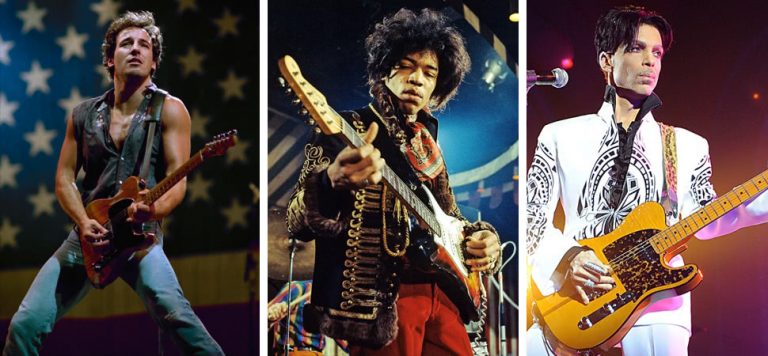 3 panel image featuring Bruce Springsteen, Jimi Hendrix, and Prince