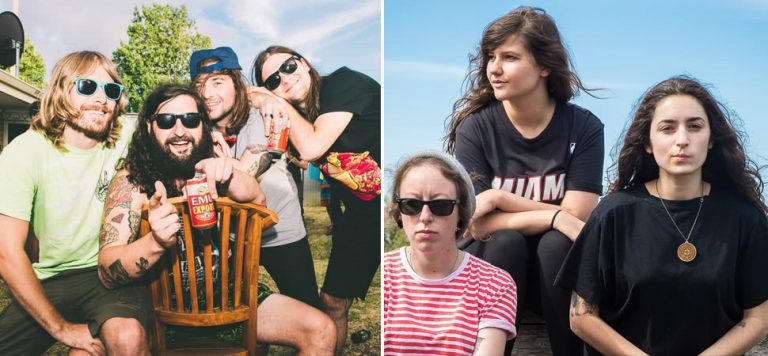 2 panel image featuring The Bennies and Camp Cope