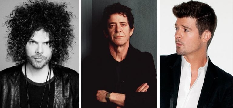 3 panel image featuring Wolfmother's Andrew Stockdale, Lou Reed, and Robin Thicke