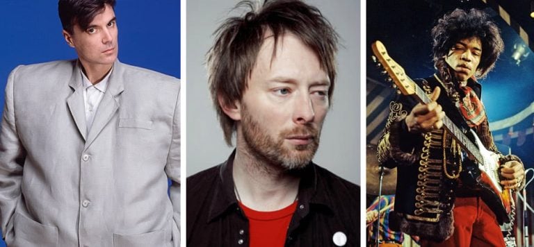 3 panel image featuring David Byrne, Thom Yorke, and Jimi Hendrix instruments