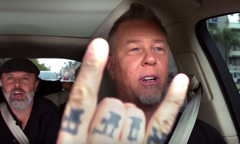 James Hetfield gives the metal horns on Carpool Karaoke