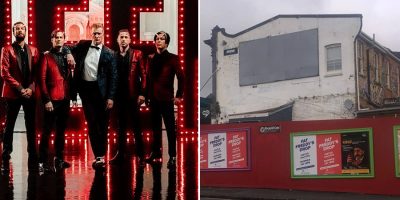 2 panel image of Queens Of The Stone Age and their removed promo poster in New Zealand