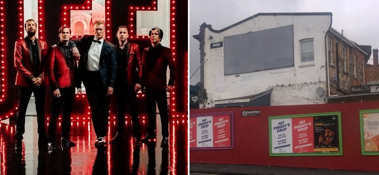 2 panel image of Queens Of The Stone Age and their removed promo poster in New Zealand