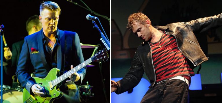 2 panel image featuring Josh Homme of Queens Of The Stone Age, and Damon Albarn of Gorillaz