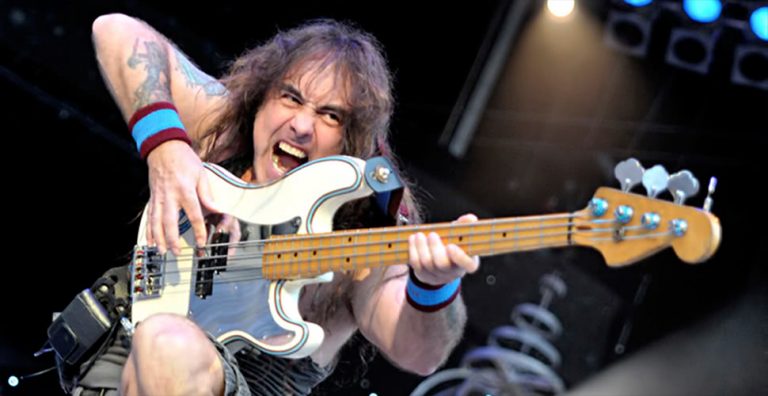 Iron Maiden's Steve Harris using his bass as a machine gun