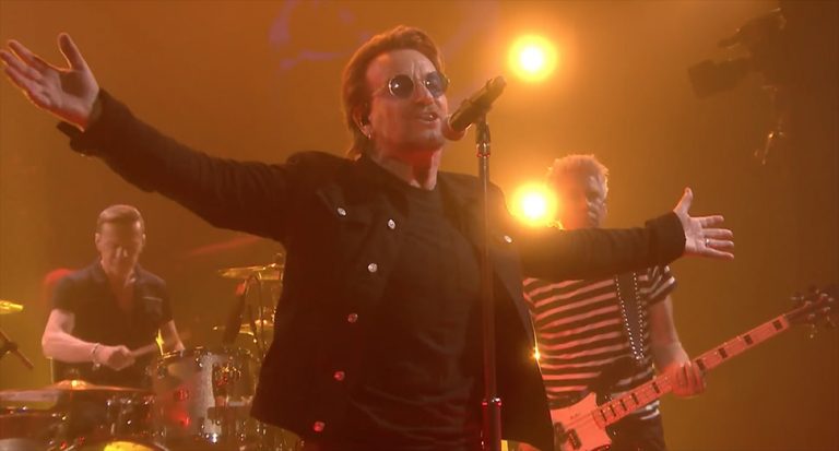 U2 performing their new single on Jimmy Fallon