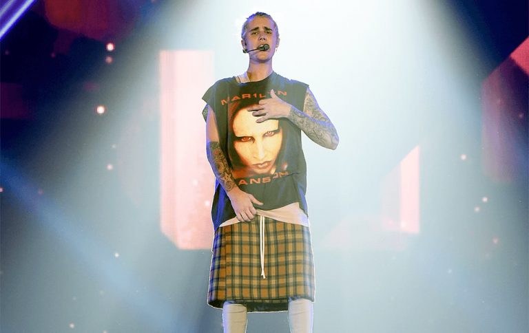 Justin Bieber, wearing one of his repurposed Marilyn Manson shirts.