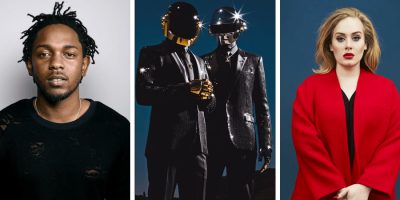 mash 3 panel image featuring Kendrick Lamar, Daft Punk, and Adele