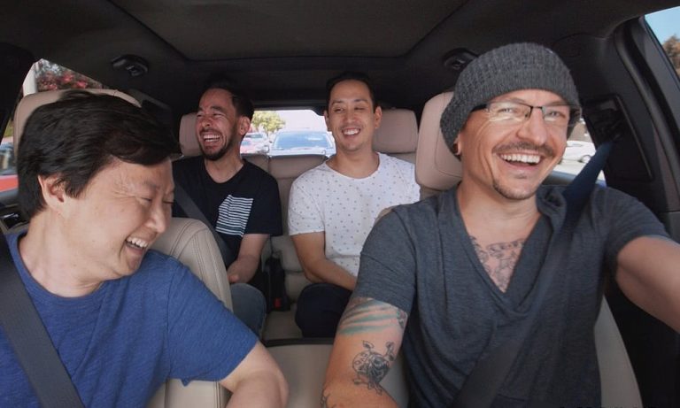 Chester Bennington and Linkin park laugh with ken Jeong on Carpool Karaoke