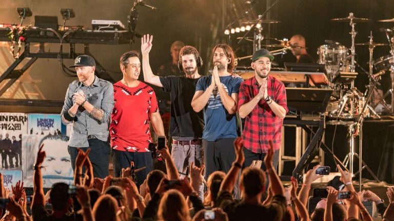 Members of Linkin Park at their memorial for Chester Bennington