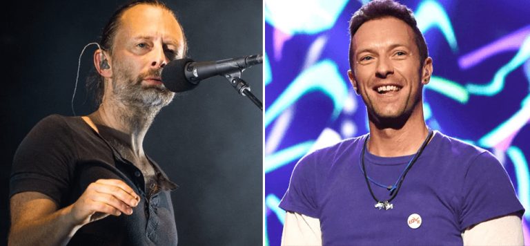 2 panel image featuring Radiohead's Thom Yorke and Coldplay's Chris Martin