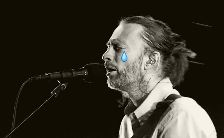 Thom Yorke of Radiohead shedding a Photoshopped tear