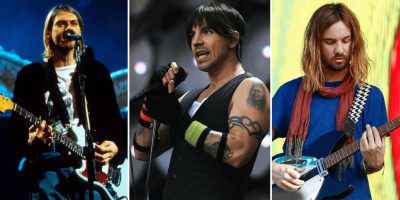 3 panel image of Kurt Cobain, Anthony Kiedis, and Kevin Parker, artists whose songs sound awfully similar to others.