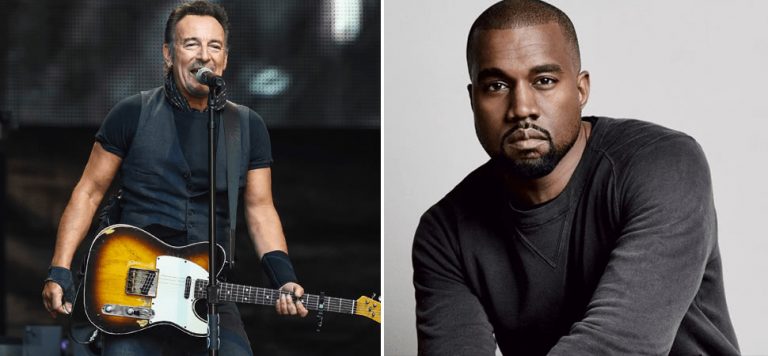 2 panel image featuring Bruce Springsteen and Kanye West