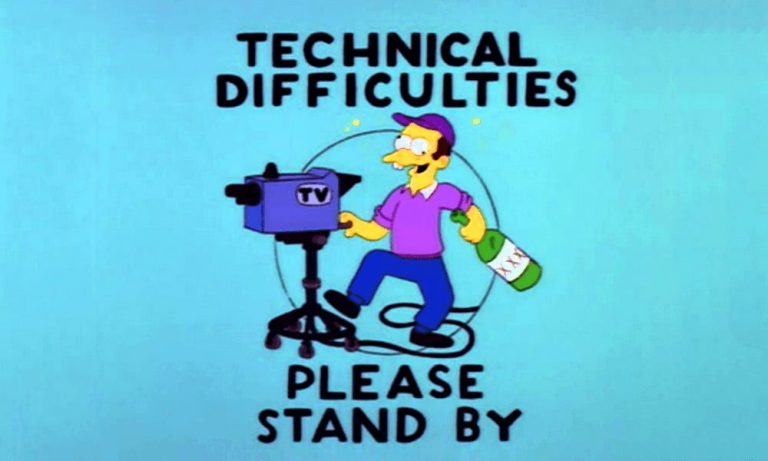 The Simpsons' technical difficulties sign featuring a drunk cameraman