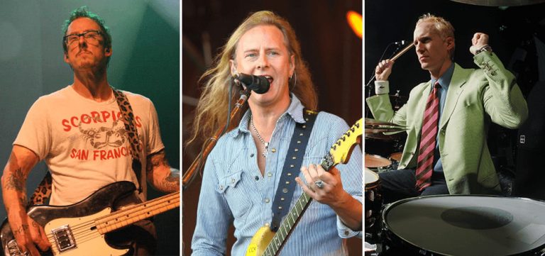 Weezer's Scott Shriner, Alice In Chains' Jerry Cantrell, and Devo's Josh Freese, who are playing with The Hellcat Saints this week