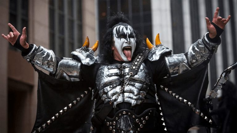 Kiss bassist Gene Simmons shown in full on-stage makeup.
