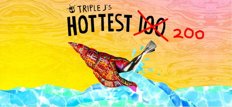 Logo for triple j's Hottest 100, with the '100' crossed out and '200' written beside it.