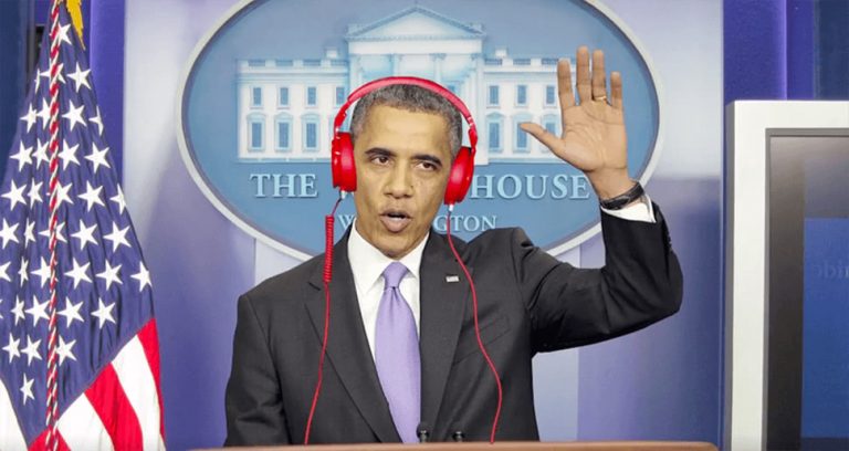 A photoshopped image of former US President Barack Obama wearing headphones.