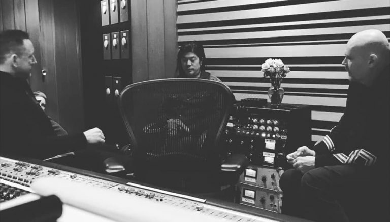 Instagram photo of Jimmy Chamberlin, James Iha, and Billy Corgan of The Smashing Pumpkins in the studio together.