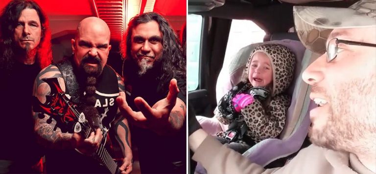 2 panel image of Slayer, and a screenshot from the video of a father telling his daughter she can't see Slayer live.