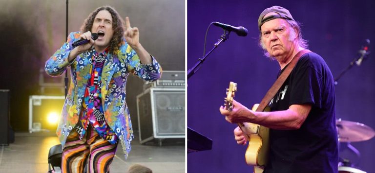 2 panel image of "Weird Al" Yankovic and Neil Young