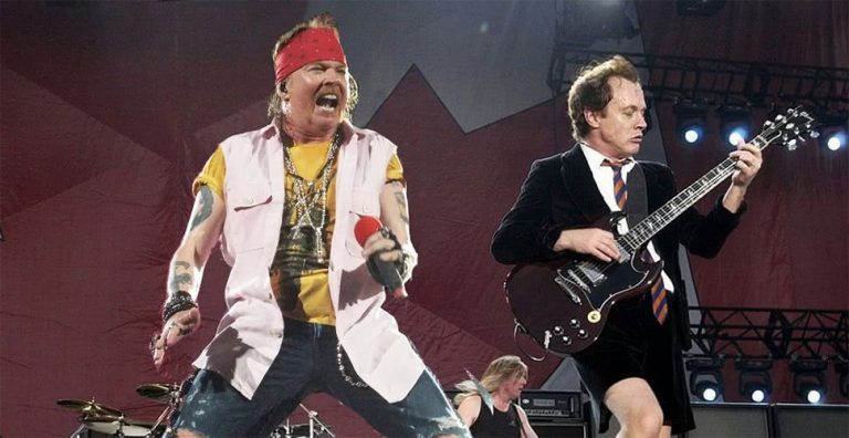 Axl Rose performing as the frontman of AC/DC