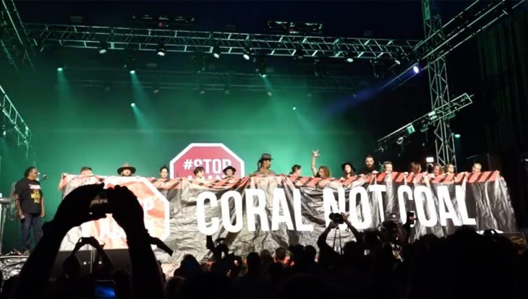 Image of the Adani protest that occurred at Bluesfest on Sunday