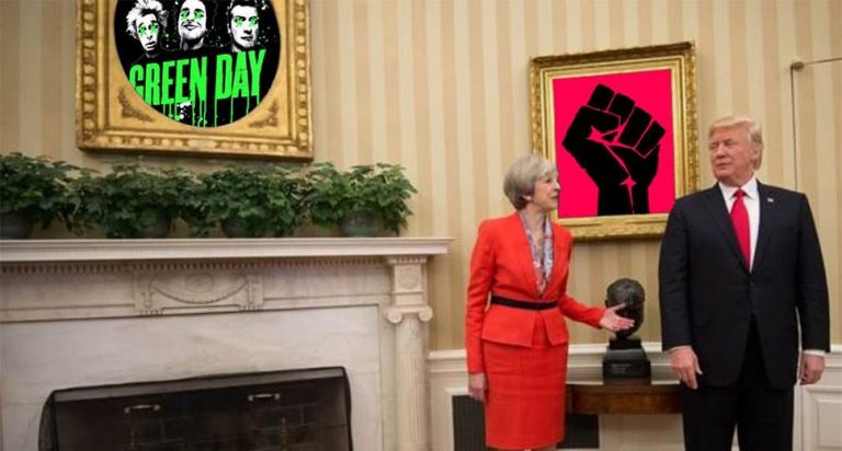 A doctored image of American President Donald Trump and British PM Theresa May