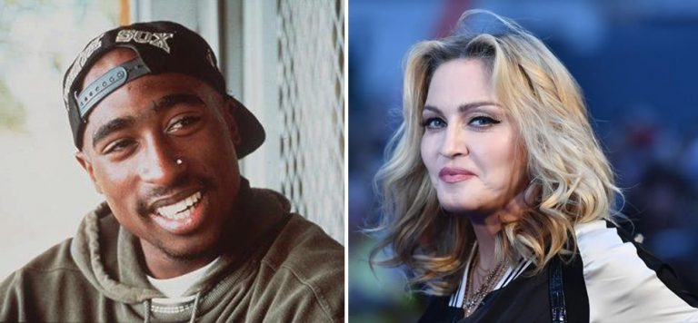 2 panel image of Tupac Shakur and Madonna